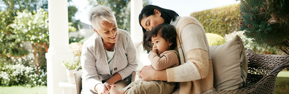 women and child in living room at home